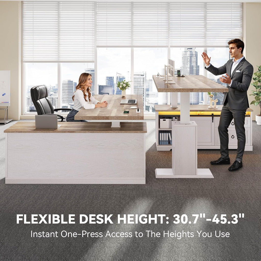 L Shaped Standing Desk with Power Outlets & LED Lights | 63" Farmhouse Electric Standing Desk Adjustable Height Sit