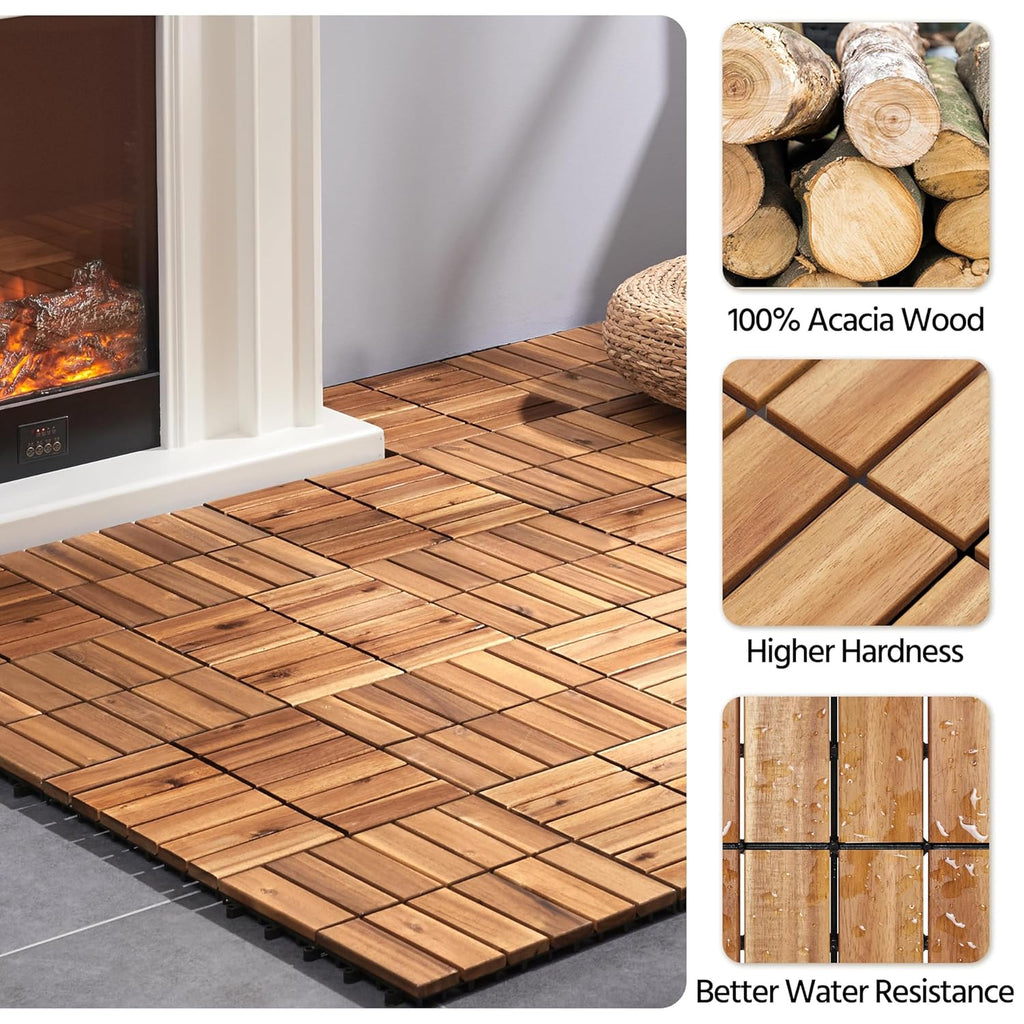 10pcs Acacia Wood,Interlocking Deck Tiles with Non-Slip Surface,Easy Snap Waterproof Flooring Tiles for Indoor