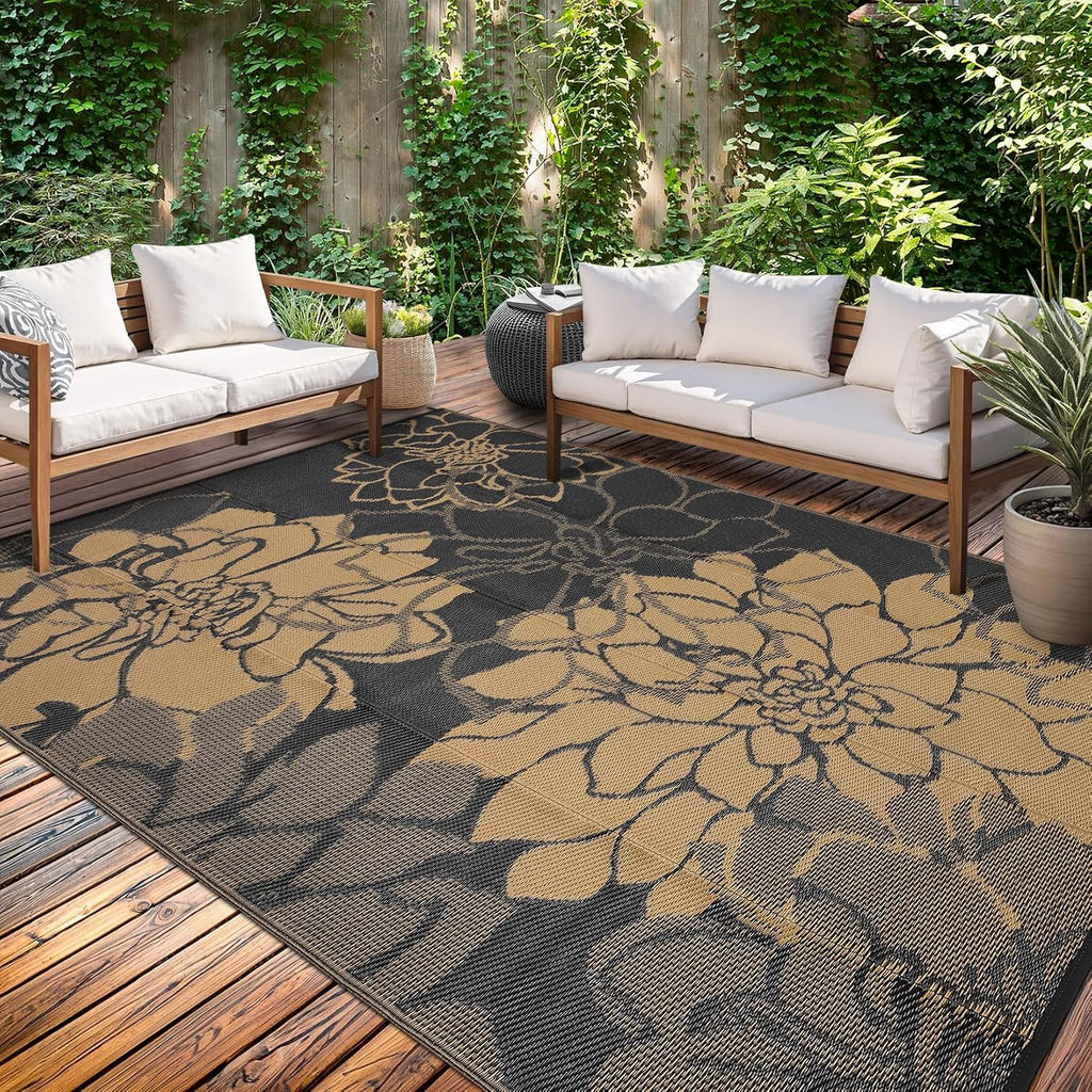 Outdoor Rug Reversible Modern Floral Patio Rug Waterproof & Washable Outside Carpet, UV Weather Resistant RV