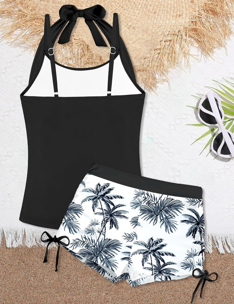 Girls Swimsuit 2 Piece Halterneck Girls Tankini Swimsuit Drawstring Printed Swim Shorts Girl Bathing Suit