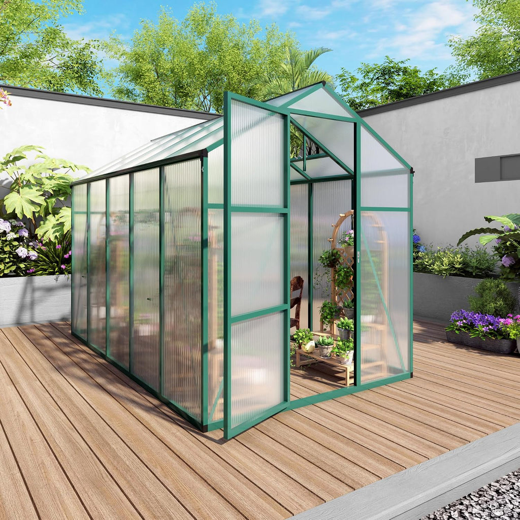 6x10 FT Outdoor Greenhouse, Large Aluminum Greenhouses with Roof Vent, Polycarbonate Greenhouse Raised Base and