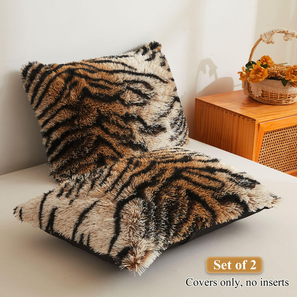 Tiger Print Faux Fur Fluffy Pillowcases, Set of 2, King, Tiger Brown
