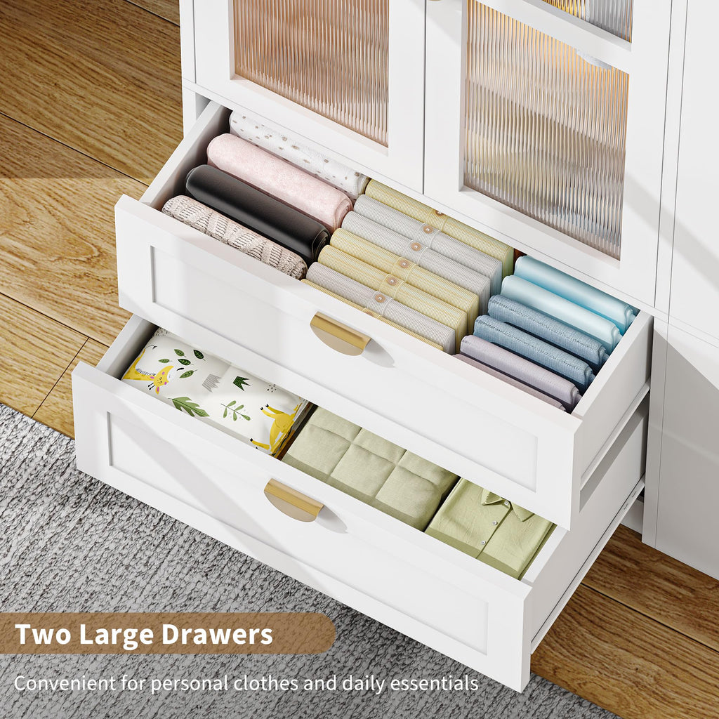 Armoire Wardrobe Closet with LED Lights & 2 Drawers, 71" Tall Clothing Storage Cabinet with Removable Hanging Rod, 4