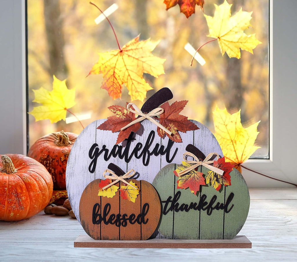 Fall Decorations Blessed Grateful Thankful Fall Decor Wooden Pumpkin Tabletop Signs Thanksgiving Farmhouse Living - Set of 3