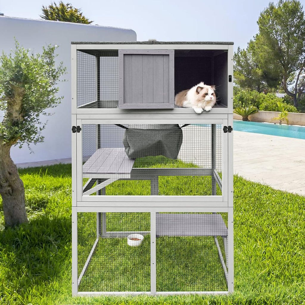Catio Wooden Outdoor Cat Enclosure with Asphalt Roof, 3 Floors Cat House, Indoor Large Kitten playpen with Hammock &