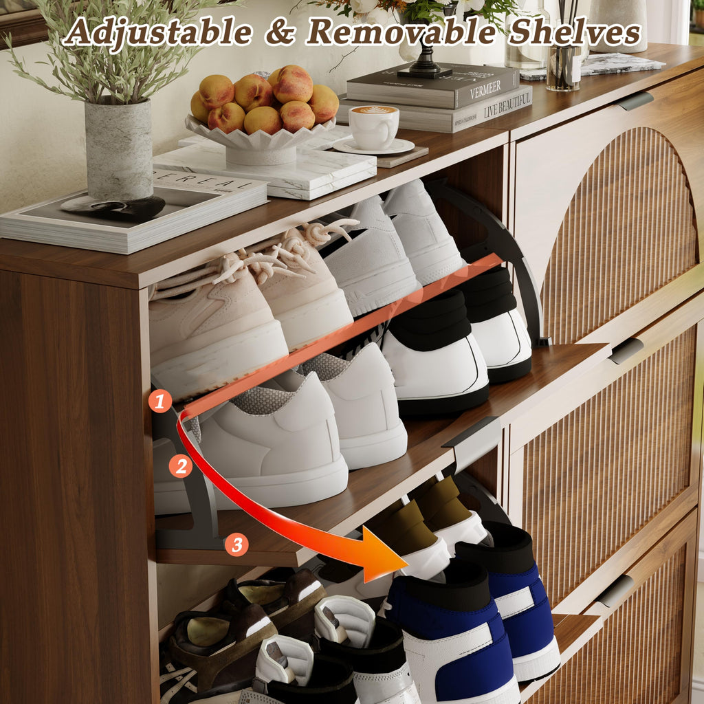 Fluted Shoe Cabinet with 3 Flip Drawers, Narrow Wood Shoe Storage Cabinet Slim Shoe Rack, Freestanding Shoe Cabinet