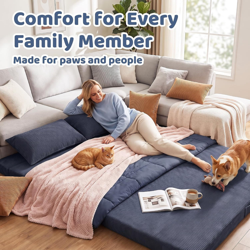 Tri-Fold Futon Mattress, Foldable Japanese Floor Sleep Mattress, High-Density Foam Tatami Bed Mat with Corduroy
