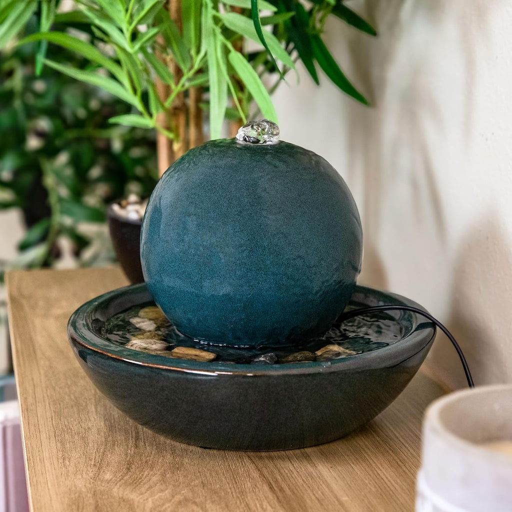 Tabletop Ceramic Tabletop Fountain with Orb - Relaxing Indoor Fountain for Meditation - Teal