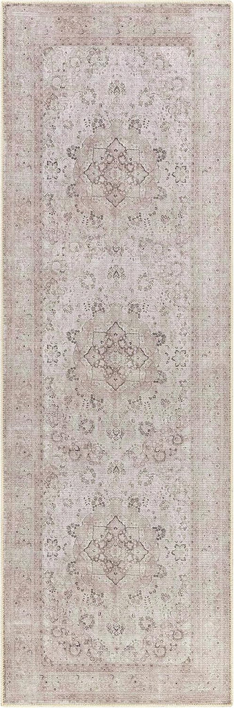 Washable Pink Medallion 10ft Runner Rug Traditional Beige Olive Tan Blush Dark Green Bordered Bethan