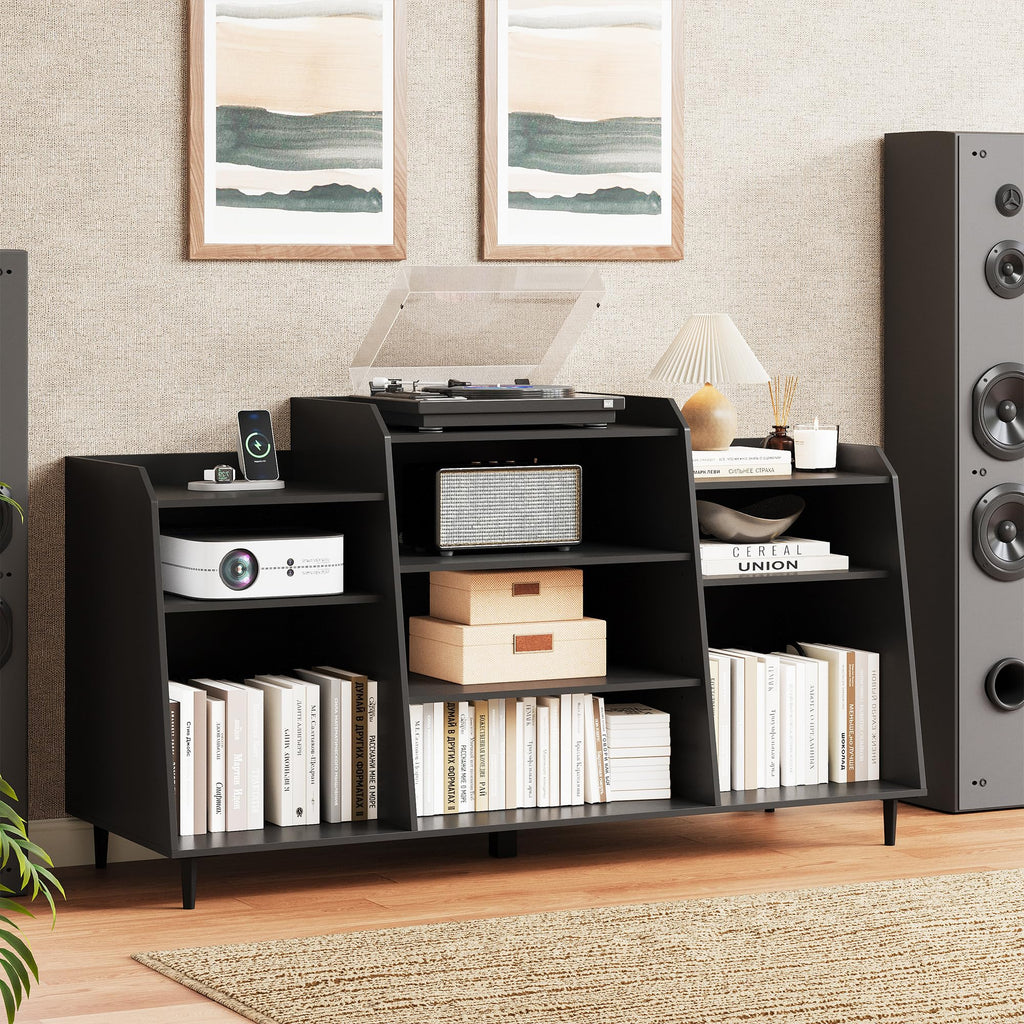 55" Record Player Stand with Charging Station, 4-Tier Vinyl Record Storage Cabinet with Divided Shelves, Adjustable