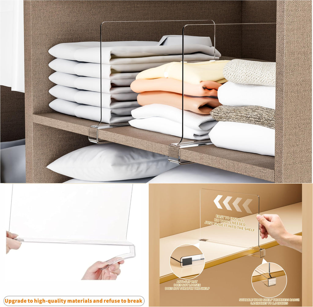 10 Pack Clear Acrylic Shelf Divider for Closet Organization - 9.2′′ Tall Closet Dividers for Wood