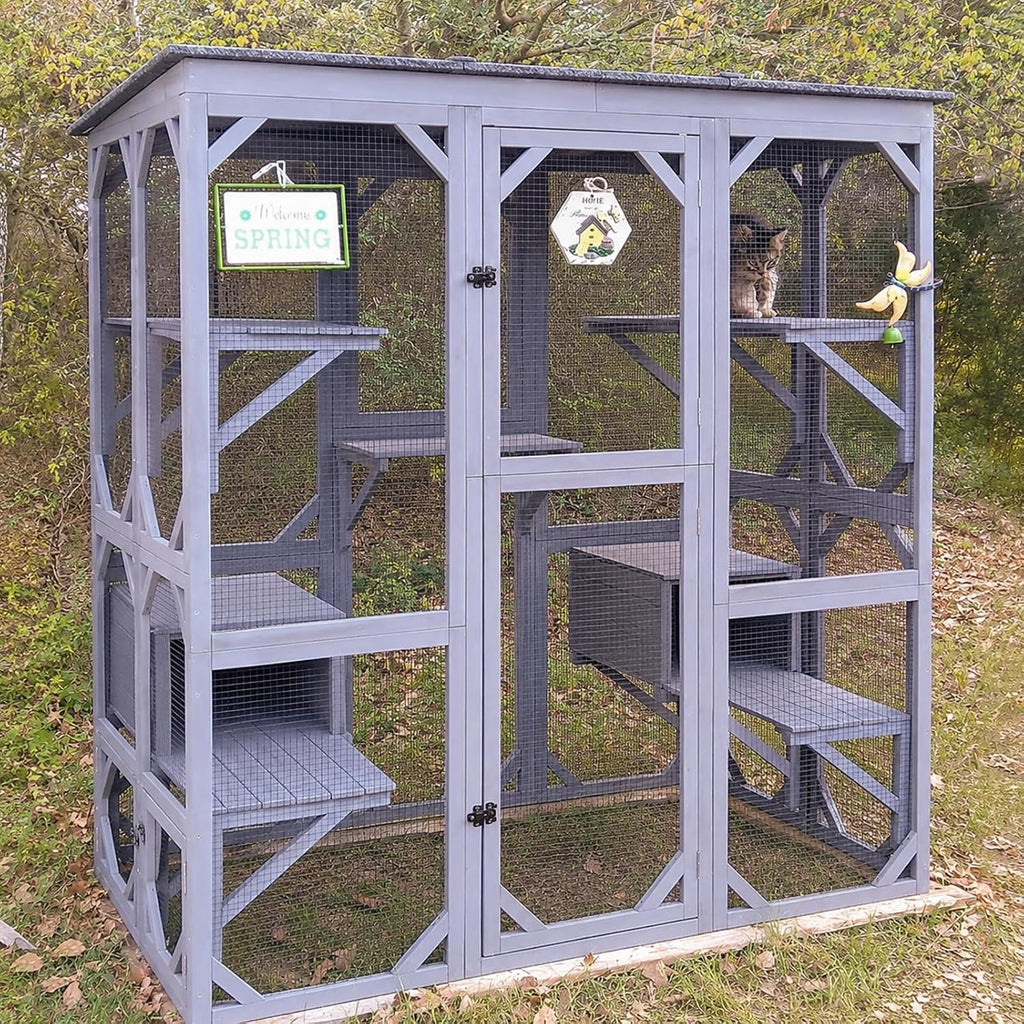 Cat House Window Outdoor Catio Cat Enclosures with 5 Platforms, 2 Resting Boxes Large Walk in Kitty House