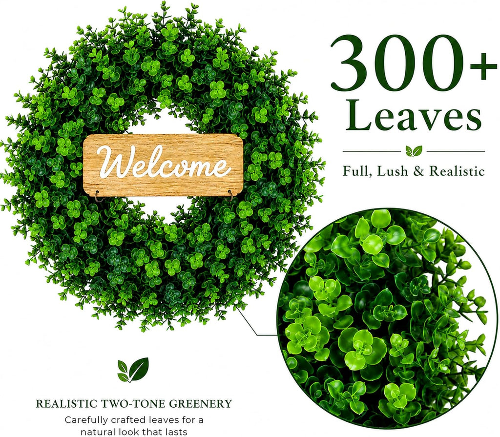 WHANLEY 20 Inch Boxwood Wreath for Front Door with Wooden Welcome Sign, Artificial Greenery Decor, UV Resistant