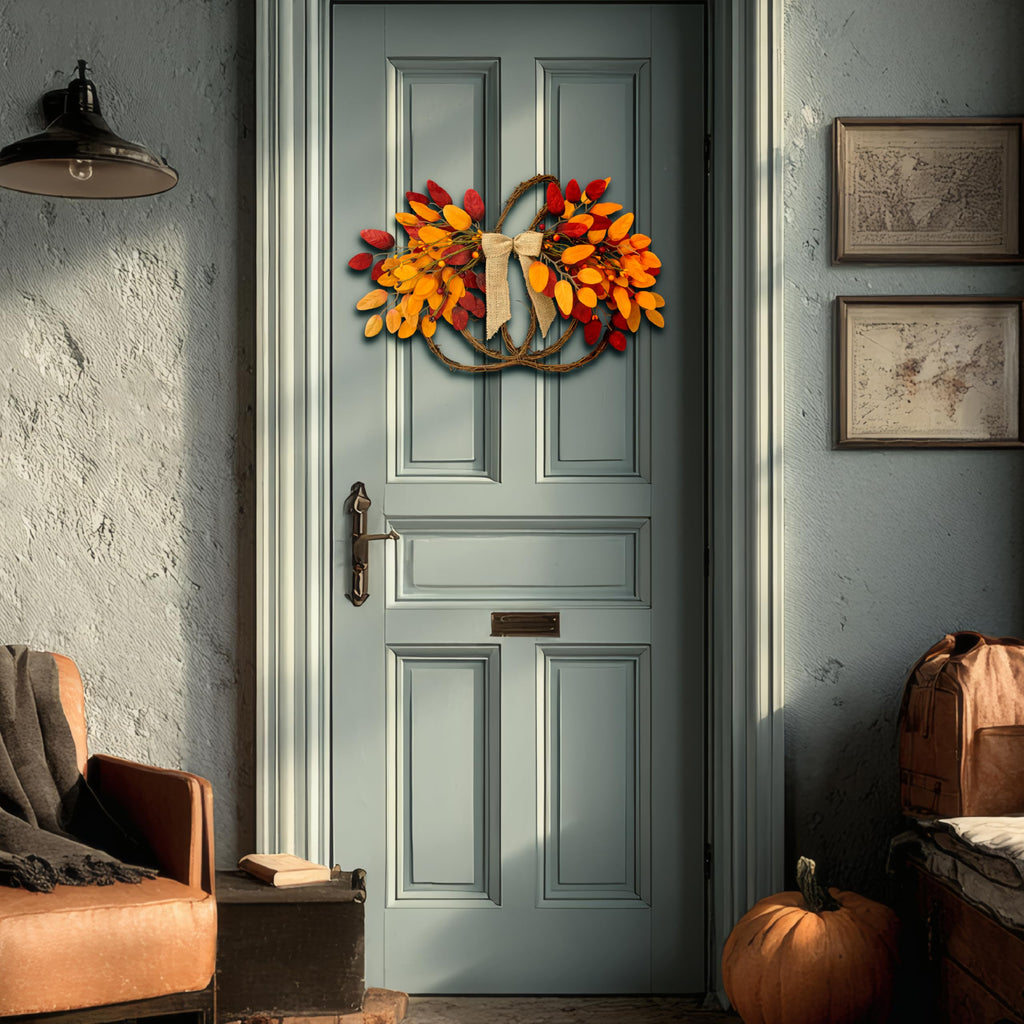 Pumpkin Fall Wreath for Front Door Outside with Bow & Colorful Leaves