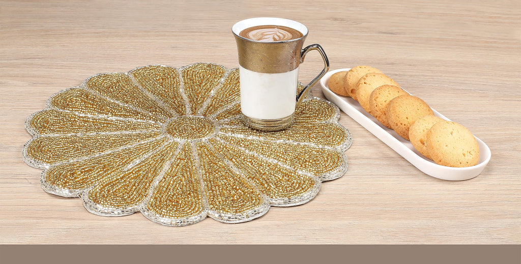 2-Pack Round Placemats, Glass Beads, Gold Silver, 13 Inch