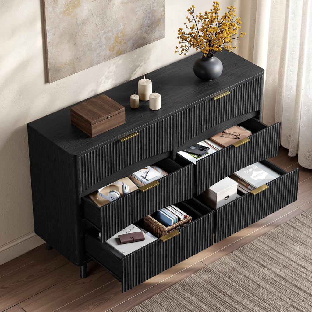54 Inch Black 6 Drawer Dresser, Curved Fluted Chest of Drawers