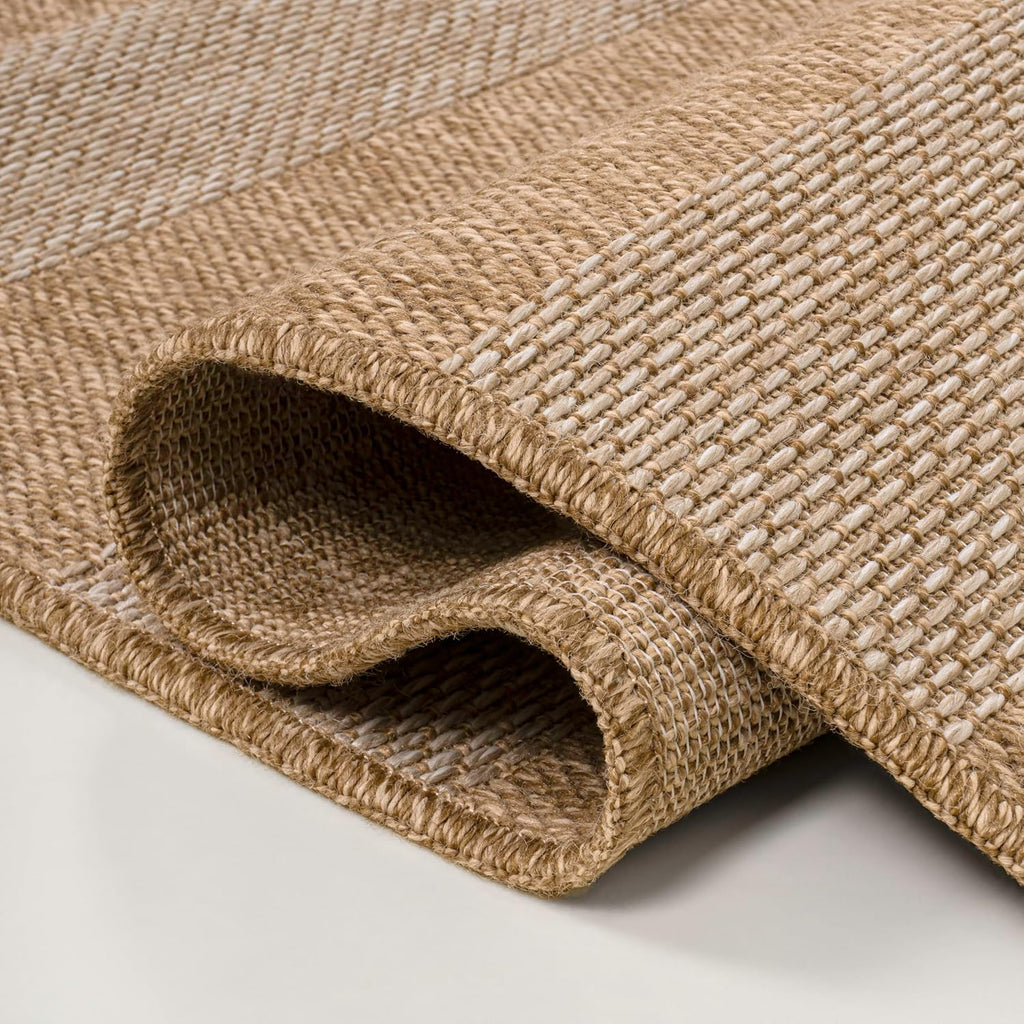 Easy Jute Rustic Indoor Outdoor Area Rug Natural/Beige, Sutton Modern Stripe for Backyard, Patio, Easy-Cleaning