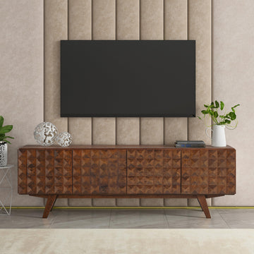 Sapa Mid-Century Modern Solid Wood TV Stand 4-Door Media Console with Carved Geometric Fronts for TVs up to 75"