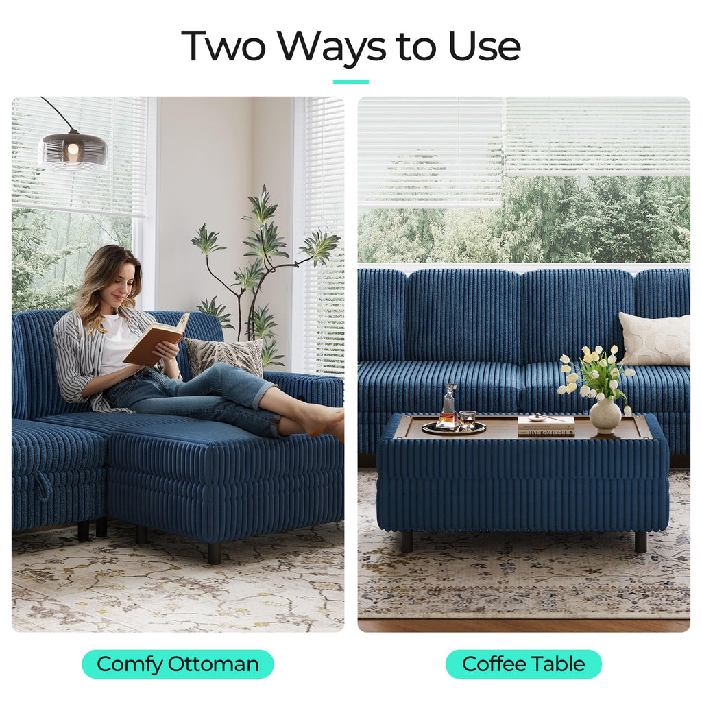 Storage Ottoman Bench, 40" Convertible Coffee Table Plush Corduroy Foot Rest Ottoman, Guest Room, Entryway, Blue