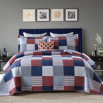 Quilt Set, 100% Cotton Quilt, Blue Red White Patchwork Plaid Quilt Sets, Lightweight