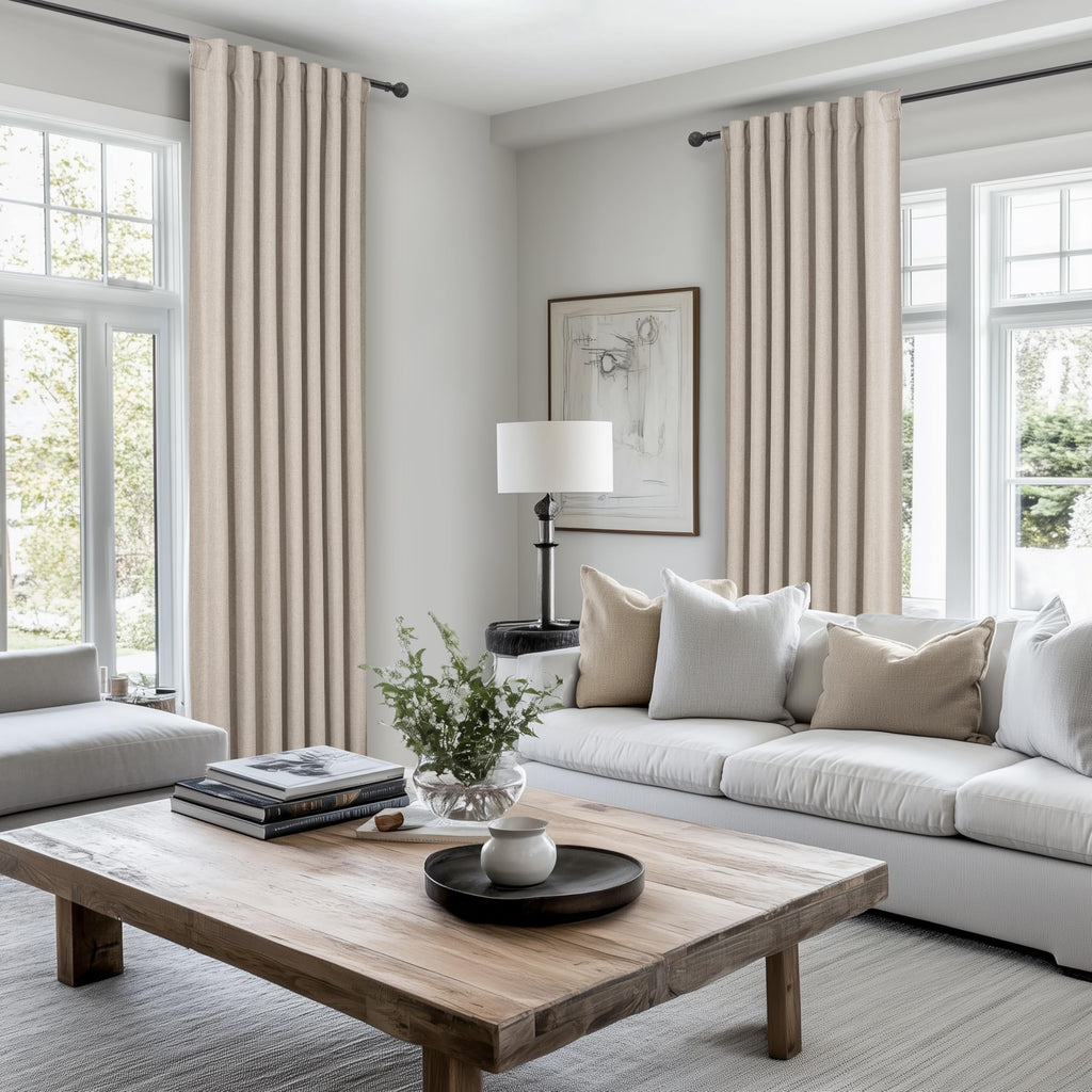 Grayish Flax Linen Blend Black Out Curtains 96 Inch Long 2 Panels Set, Elegant Room Darkening Insulated Boho Window