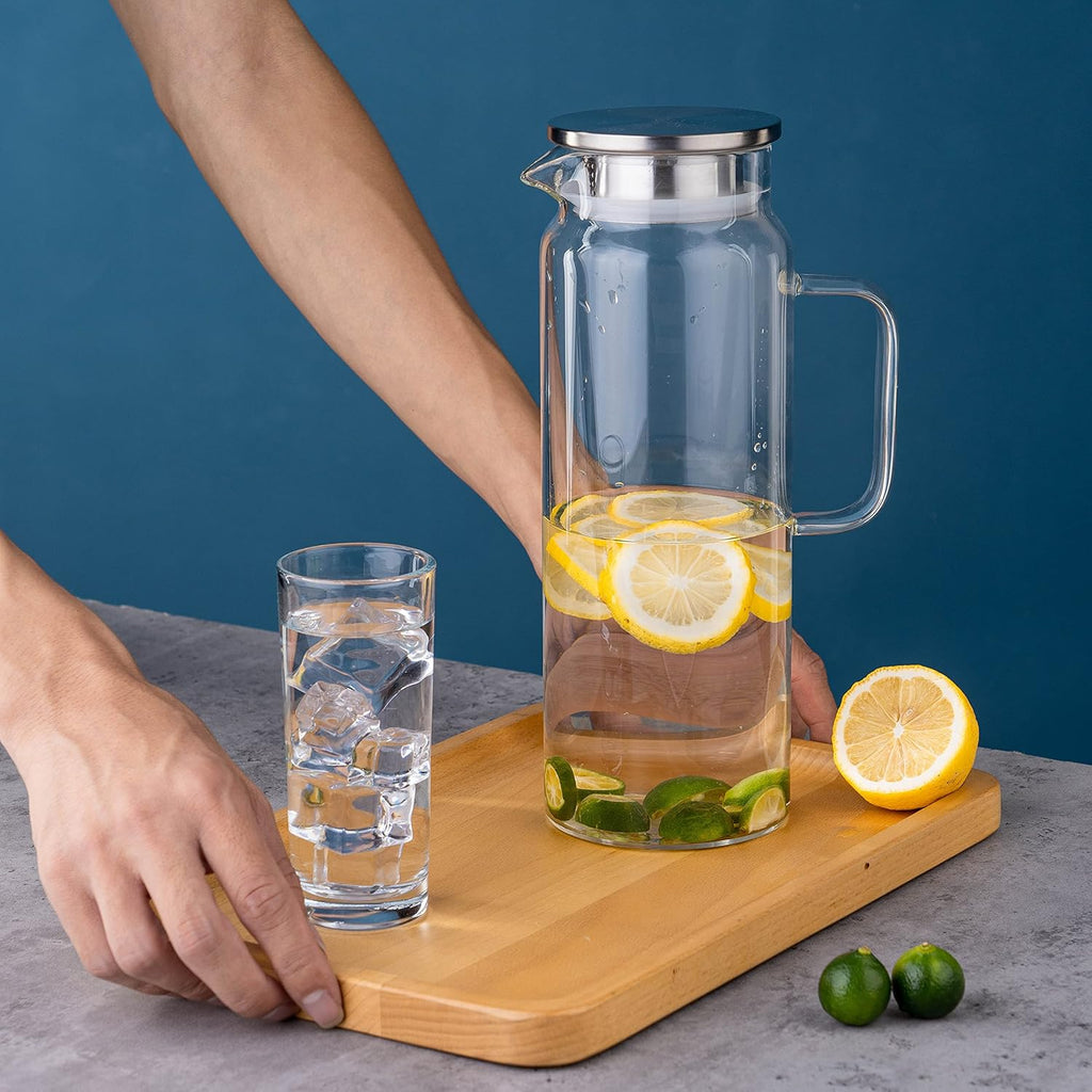 Set of 2 Glass Pitcher with Lid,2 Quart (64 oz / 1.9 Liter) Leak Proof,Glass Water Jugs, BPA-Free,Microwave &