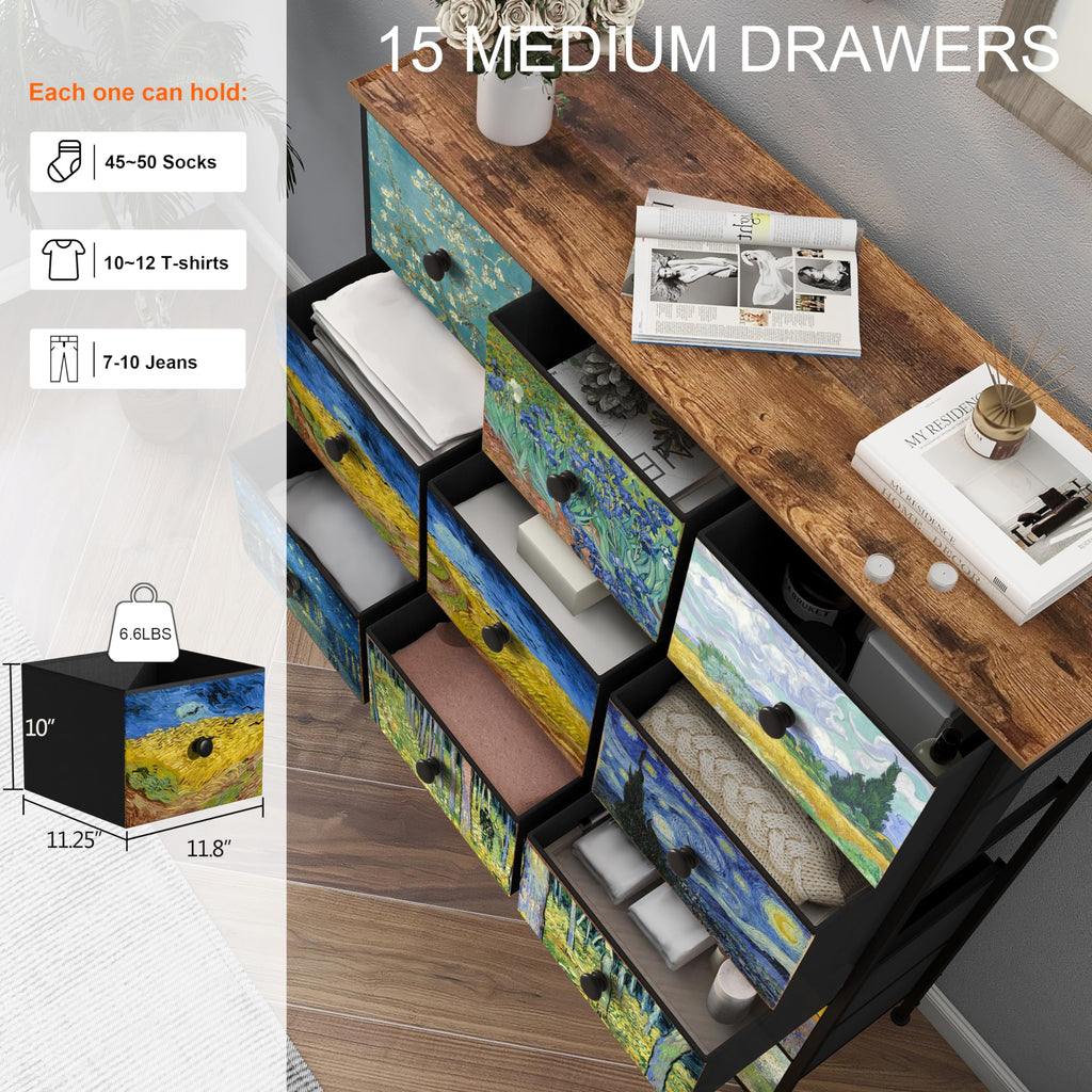 Large Chest of Drawers 15 Drawer Dresser Van Gogh Tall Fabric Dresser Living Room Entryway Closet with Sturdy Metal