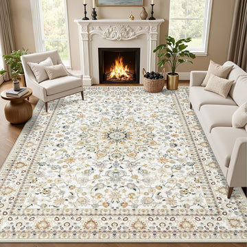 5x7 Area Rugs Living Room Rug: Washable Vintage Boho Rug No Slip Stain Resistant Soft Carpet Indoor Floor Floral