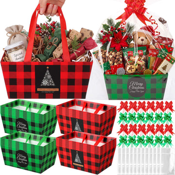 12 Pack Christmas Plaid Empty Paper Baskets with Bags and Bows