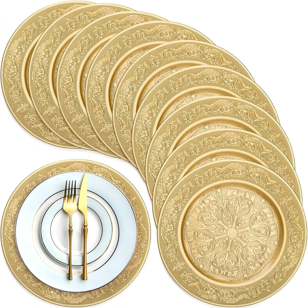 Gold Charger Plates, 13 Inch Gold Round Chargers for Dinner Plates, Decorative Dinner Chargers, Antique - Set of 12
