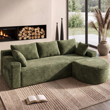 94" L-Shaped Boneless Sectional with Curved Ottoman, Green