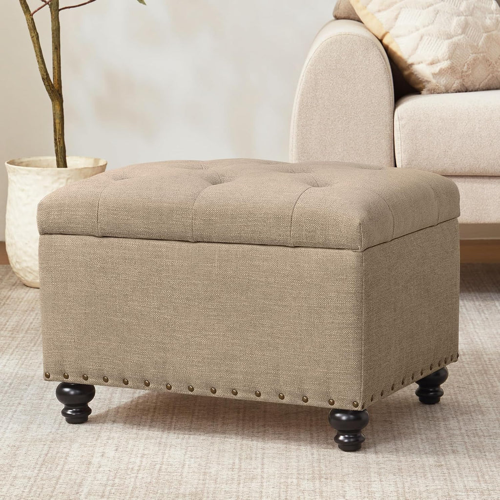 Small Ottoman with Storage, Upholstered Button Tufted Ottoman Foot Rest, Foot Stools, 24" Rectangle Bench with