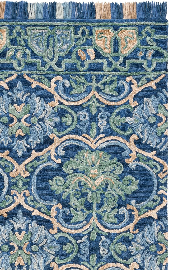 Blossom Area Rug - 10' x 14', Navy & Green, Handmade Boho Fringe Wool