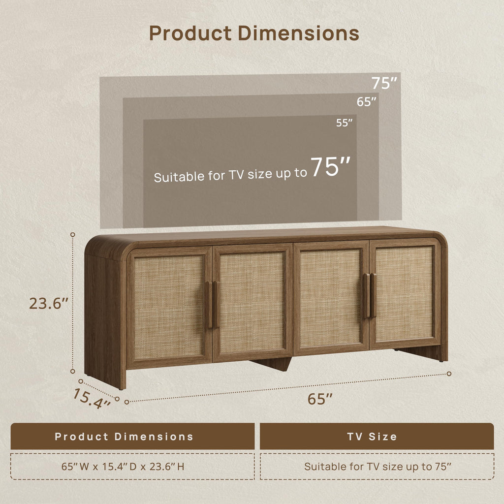 65'' Rattan TV Stand with Storage for 75" TV, Curved Edges Thicker Wood TV Consoles with Doors, Cable Management, Mid