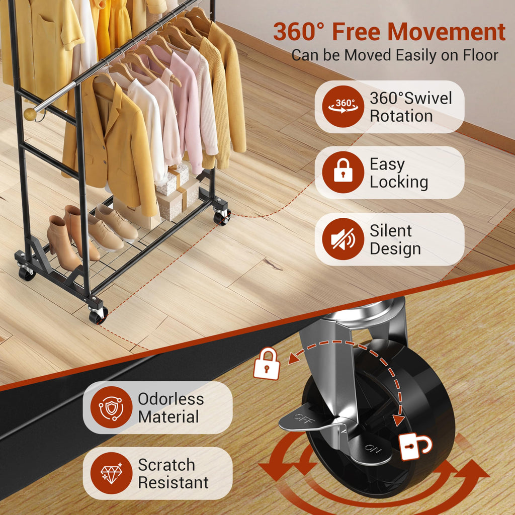 Rolling Garment Rack - Double Rod Clothes Rack with Lockable Casters, Mesh Storage Shelf & Anti-Slip Wooden Finials