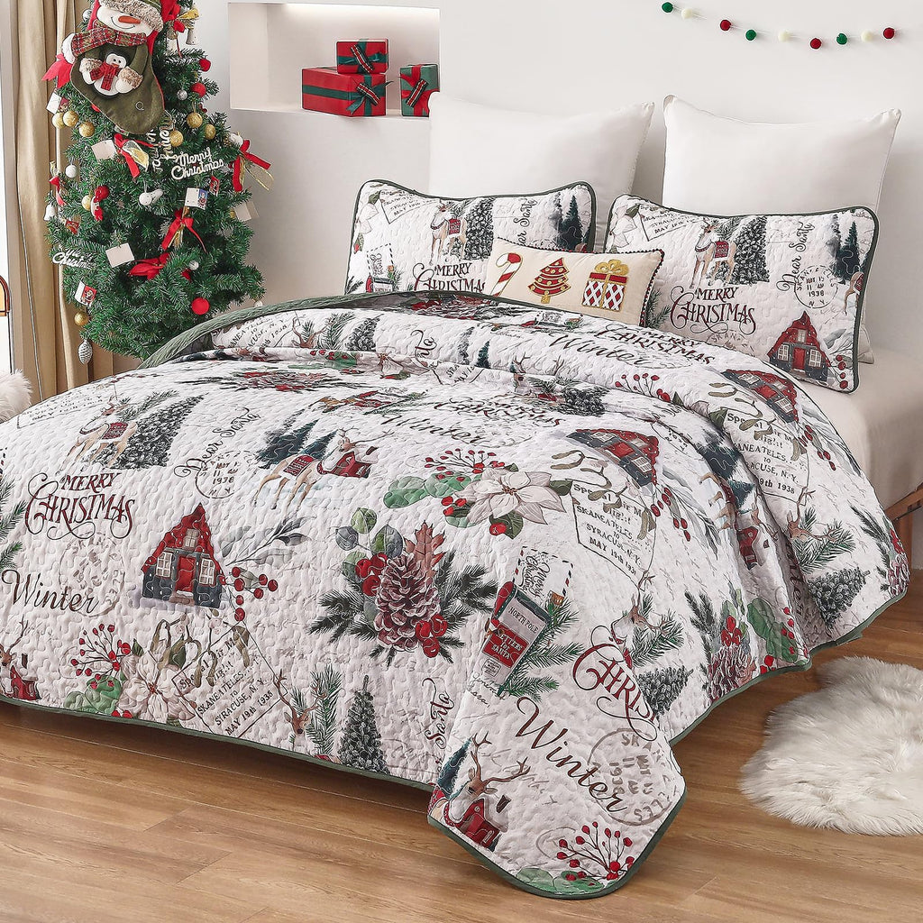 Christmas Quilt Set Queen, Xmas Tree Reindeer Christmas Bedding