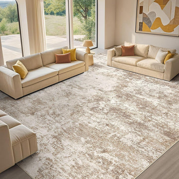 Area Rug Living Room - 9X12 Abstract Washable Large Soft Foldable Non Slip Rug Neutral Modern Low Pile Carpet