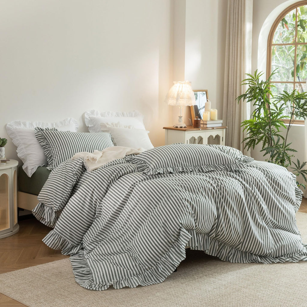 Striped Ruffle Duvet Cover Set Washed Cotton Linen Feel 3‐Pcs