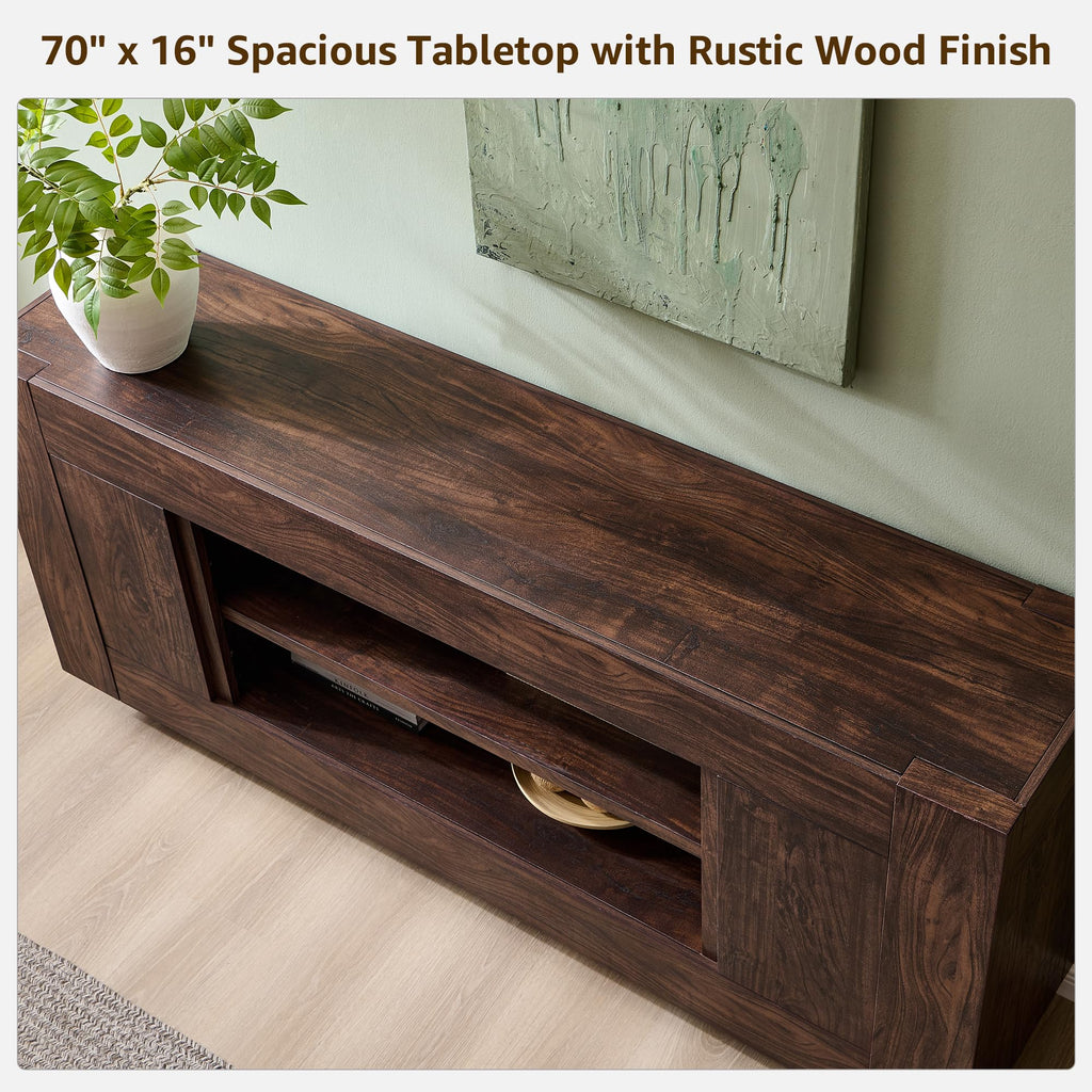 Modern 70" TV Stand for 80" TV, Thick Block Media Console, Dark Walnut