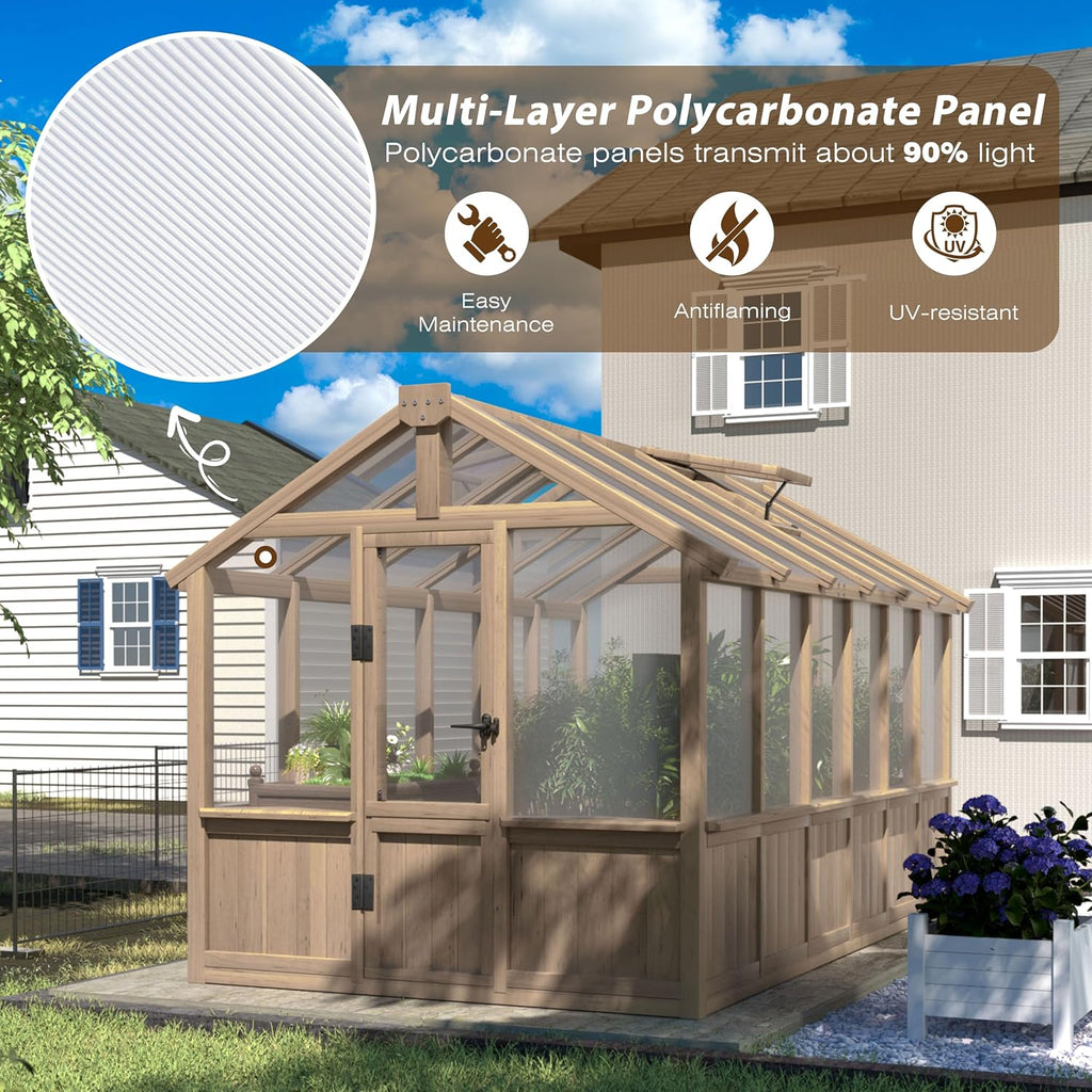 6 x 12 FT Wooden Polycarbonate Greenhouse, Outdoor Green House Kit with Ventilated Window and Lockable Door, Walk-in
