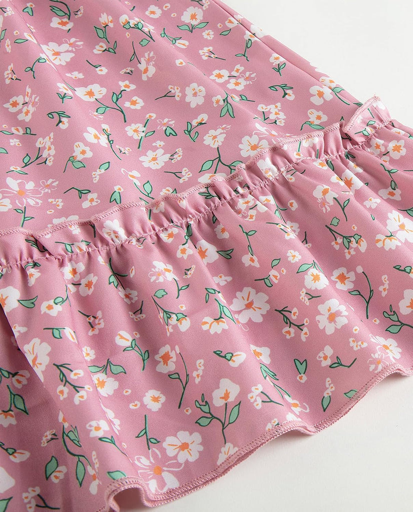 Summer Floral Smocked Dress Square Neck Puff Sleeve Ruffle School Party Teen Sundress