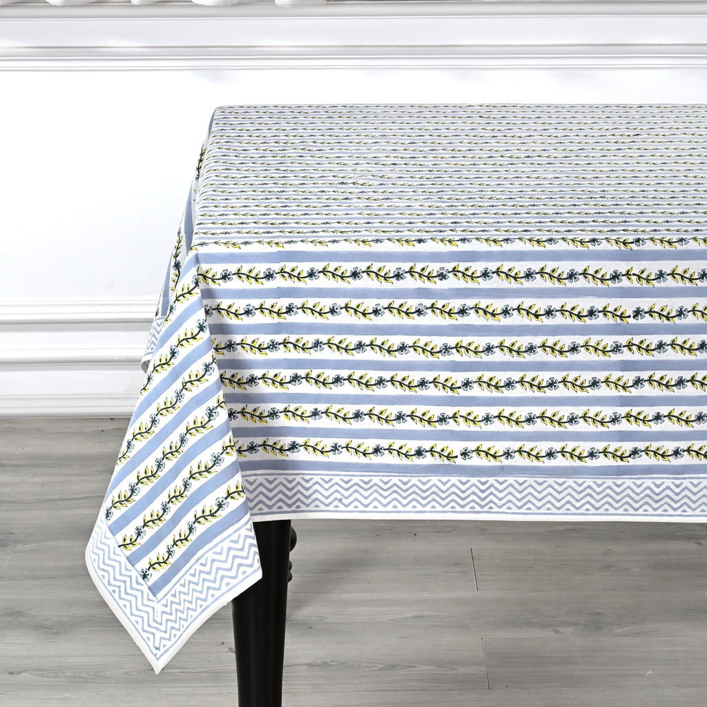 Blue Meadow Vine Hand Block Print Rectangle Tablecloth 90x60 Inch