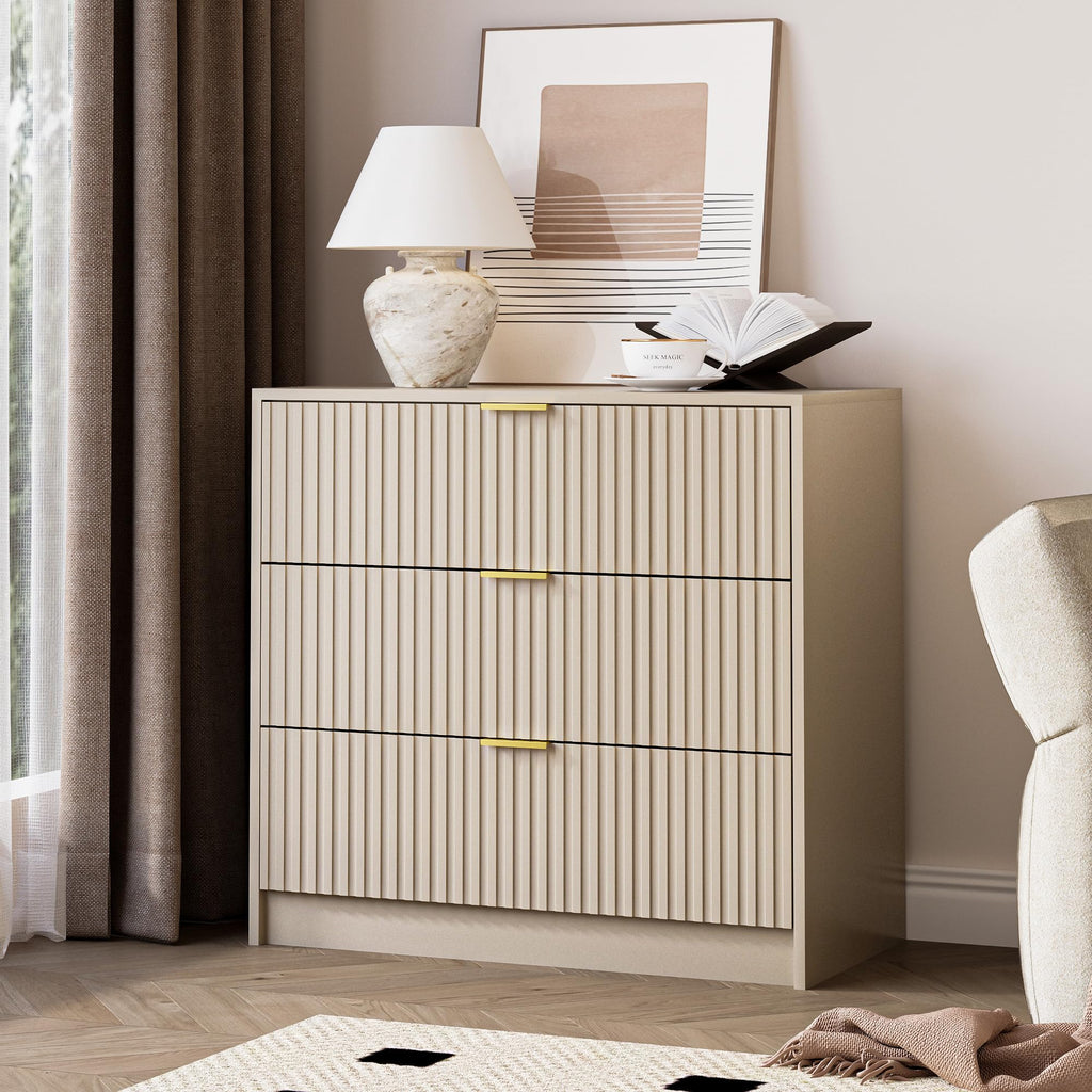 3-Piece Dresser Bedroom Set, 9 Drawer Dresser & 3 Drawer Nightstands with Gold Handles, Fluted Wood Chest of Drawers