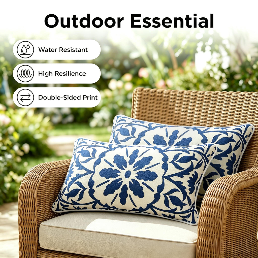 Outdoor Lumbar Pillow 12x20 Inch, Blue Boho Pillows