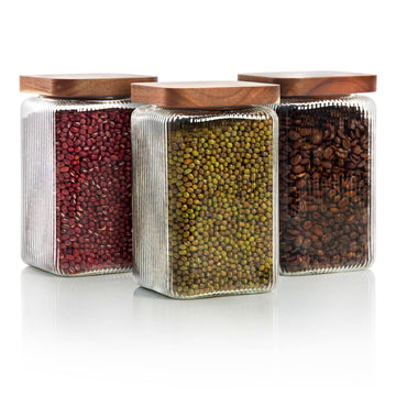 Ribbed Glass Square Jar with Wooden Lid 45fl.oz - Set of 3 | Airtight Fluted Storage Canister for Food, Pasta