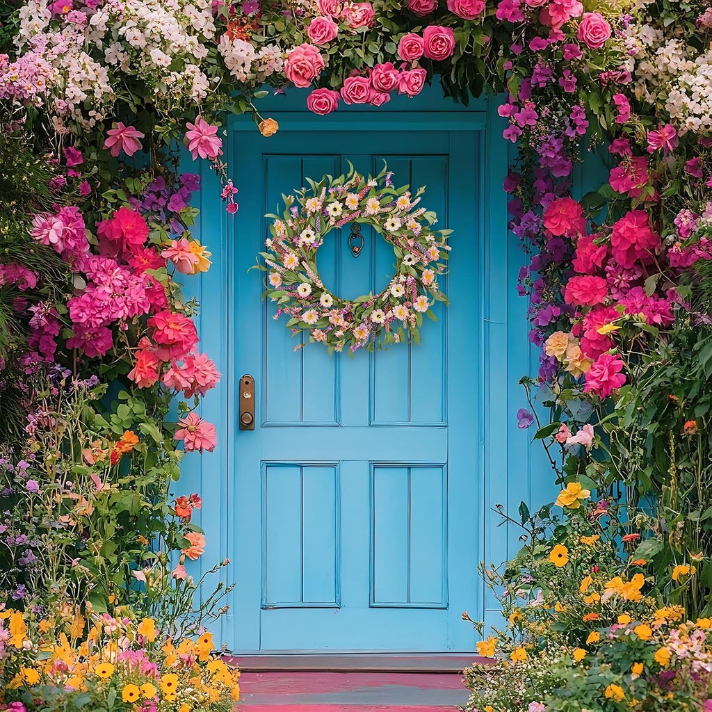 24 Inch Spring Summer Wreath for Front Door, Artificial Daisy & Lavender Flower Wreath with Eucalyptus Greenery