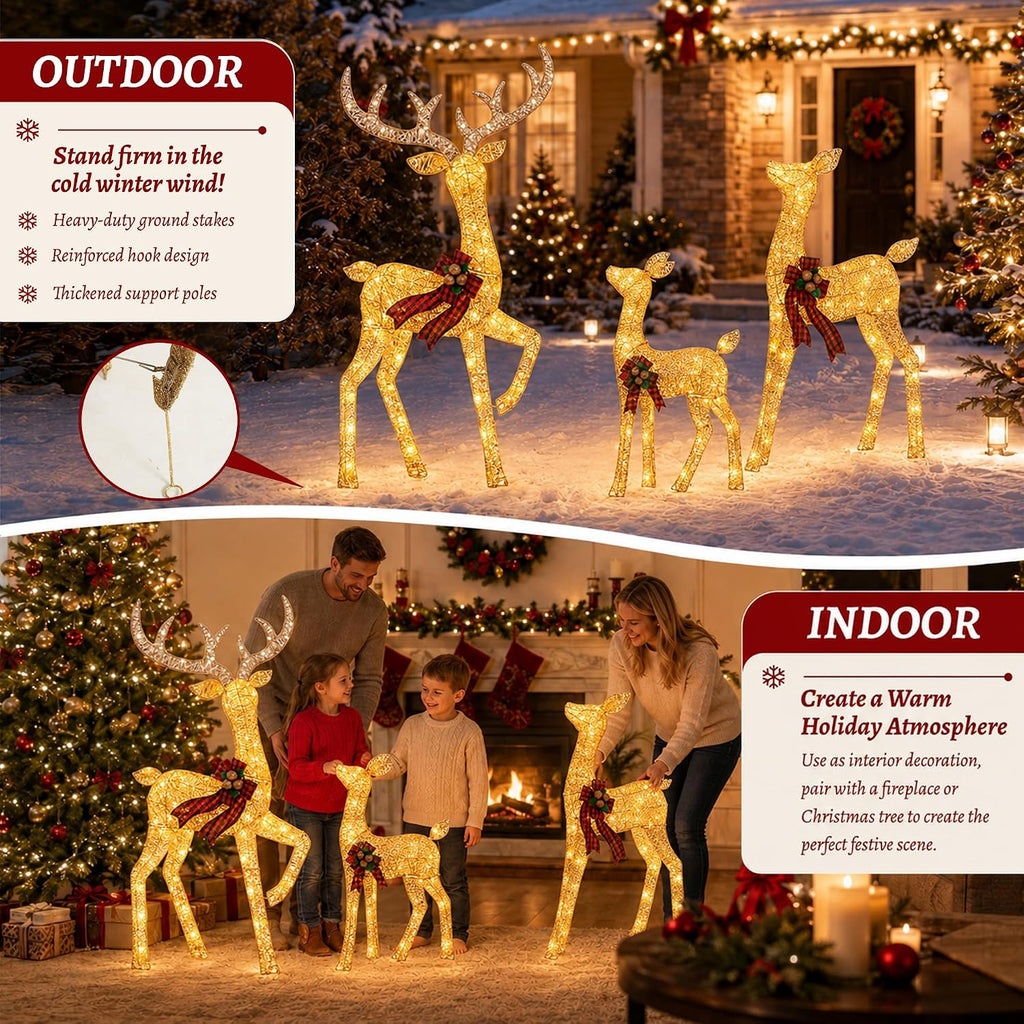 4.83FT 3-Piece Large Lighted Christmas Deer Family Set Gold