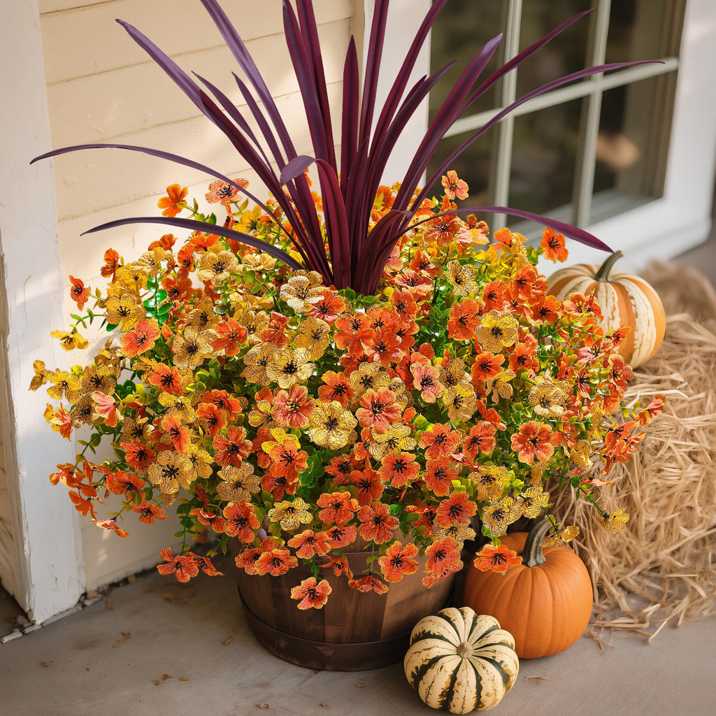 Fall Flowers Artificial Mums for Outdoors Autumn Decor, 12 Bundles Fake Fall Mums with 1 pcs Burgundy Orchid Leaf UV