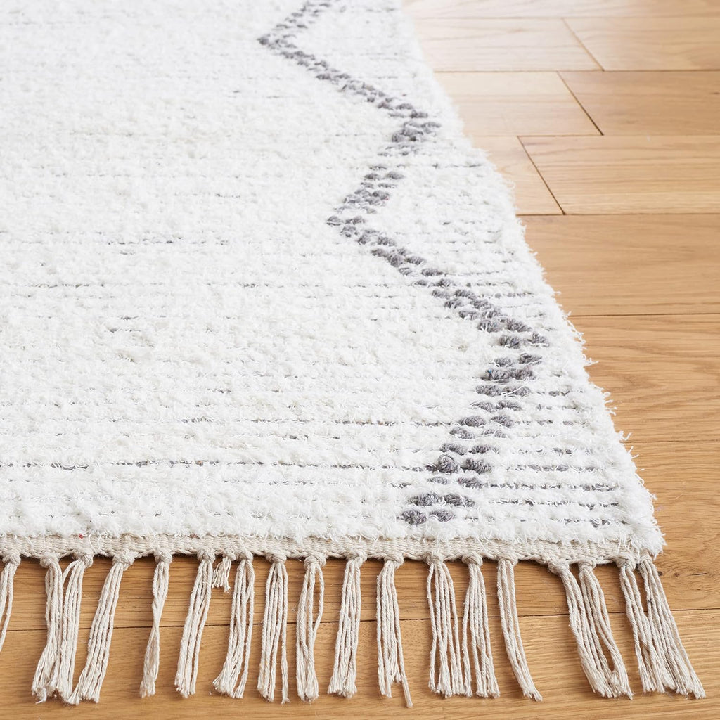 Area Rug - Casablanca Collection - Large - Ivory & Grey, Handmade Cotton, Moroccan Boho Fringe, Ideal, Dining