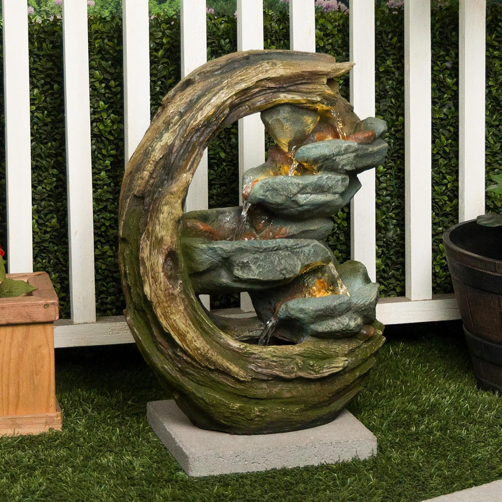Outdoor Curved Trunk and Stone Floor Fountain with Warm White LED Lights, Tiered Garden Decor, 24" H, Brown